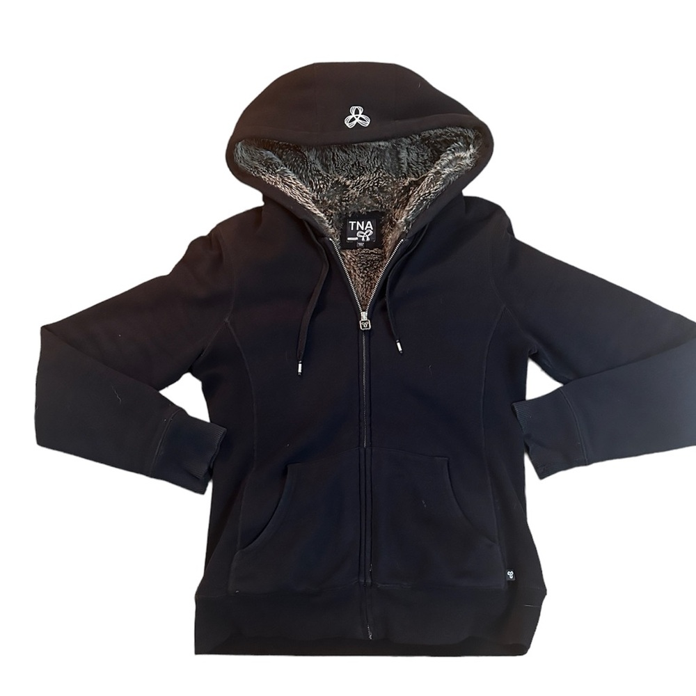 Womens ARITZIA TNA Hoodie with Faux Fur SZ L Black Full Zipper & Pockets.